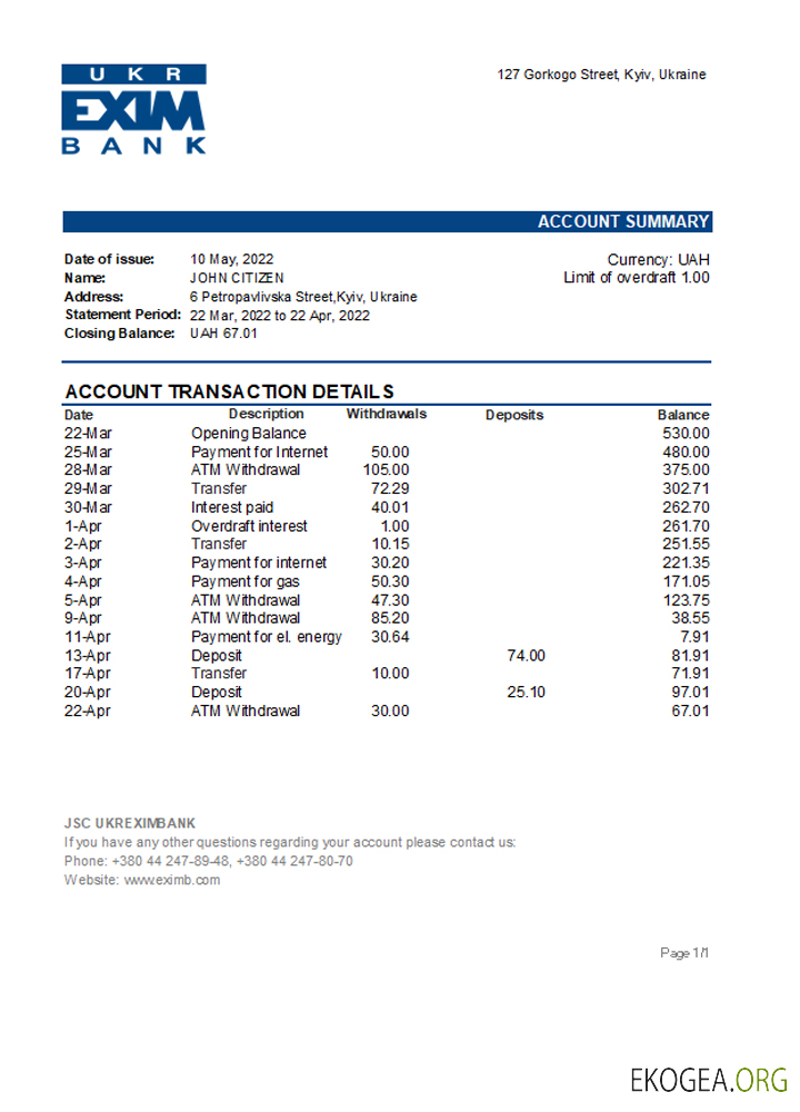 Relevé bancaire d'Ukraine Ukreximbank